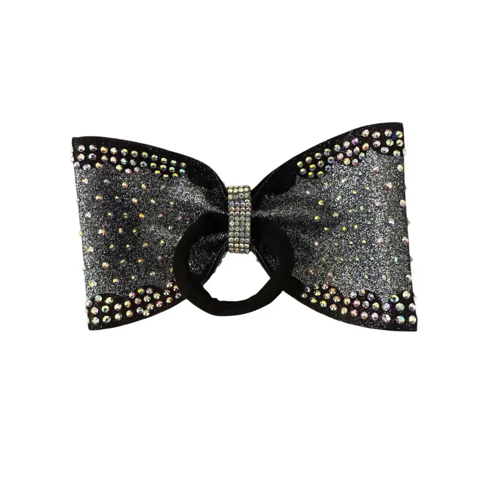 New Medium Black Glitter Cheer Bow with Rhinestones – Tailless Competition Hair